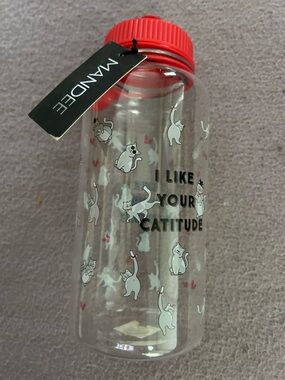 Clear Cat-Print Water Bottle with Red Lid - "I Like Your Catitude"NWT